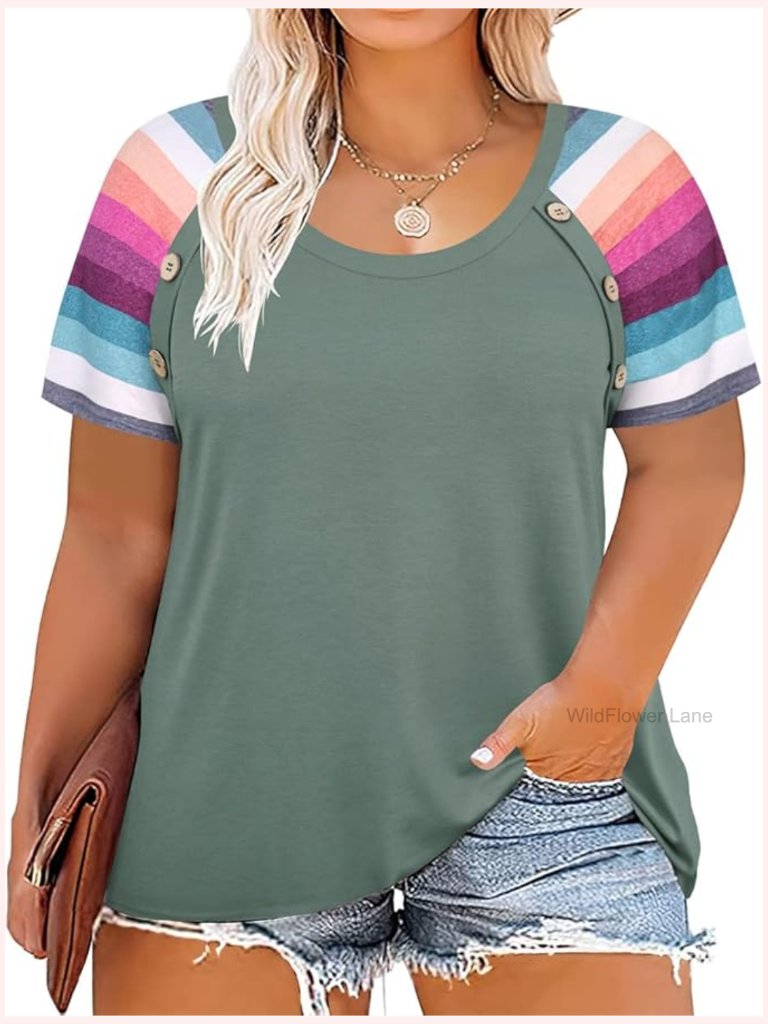 Plus Size Women's Short Sleeve Tunic Button Crewneck Pullover Top Blouse Tee